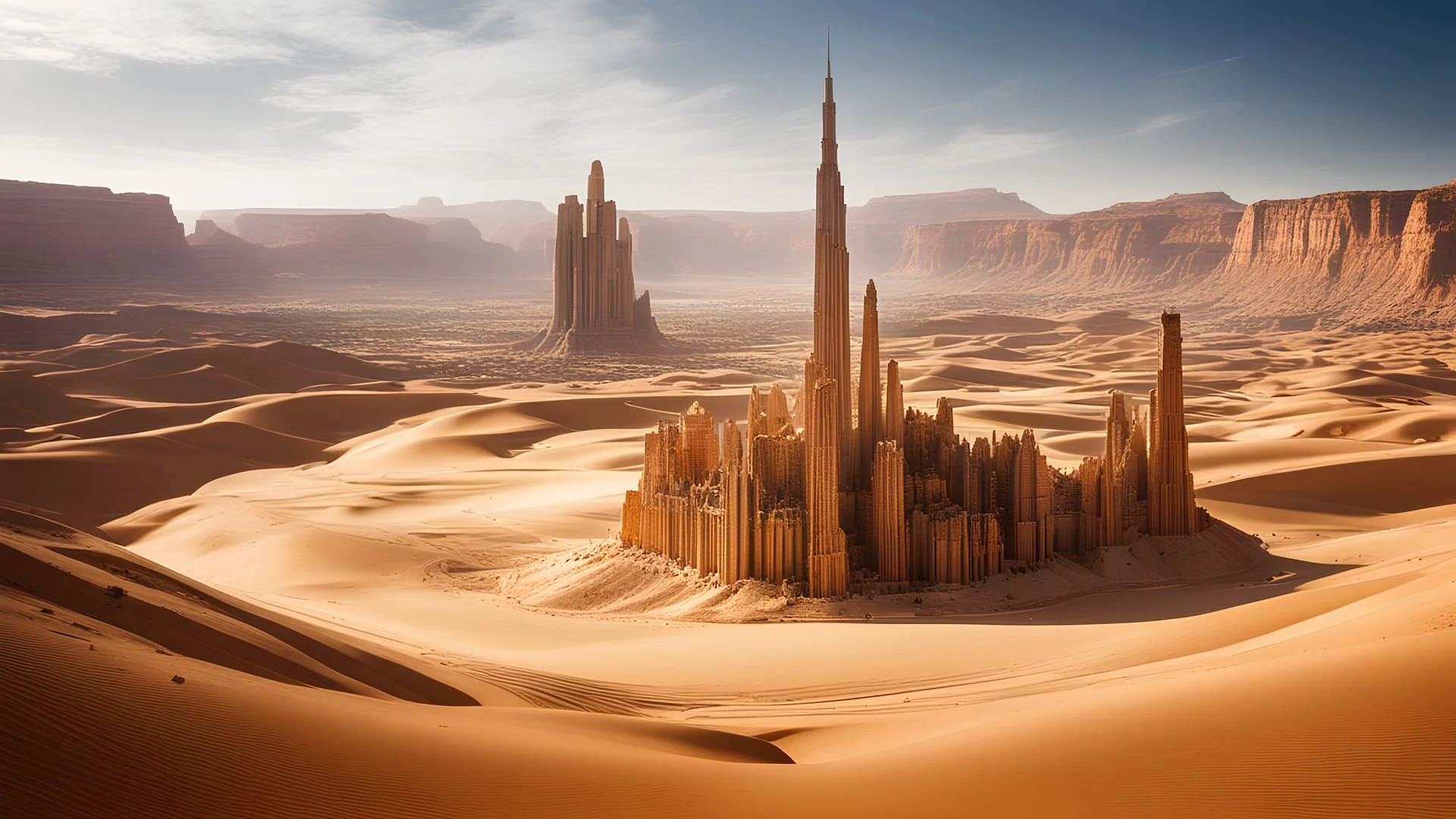 A sprawling desert metropolis where the buildings are carved from enormous, ancient sandstone cliffs. Giant, metallic structures rise from the sand, blending seamlessly with the natural landscape. Holographic art installations float above the city, creating an ever-changing display. Award-winning photograph, 80mm focal length, rule of thirds.