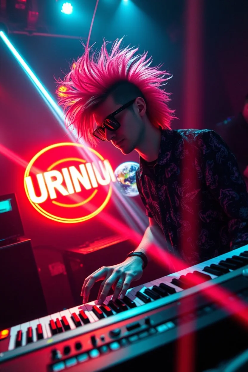 French cool synth player with crazy techno acid hair, he is called "Jean-Maurice Brûlée" performing at dance club, his name is "Jean-Maurice Brûlée" , white and orange Neon lights and oraNGE smog, and "URINIUM" big sign on the wall, he is playing on synthesizers on stage with lot of laser beams and wearing black sunglasses, an earth is projected in background