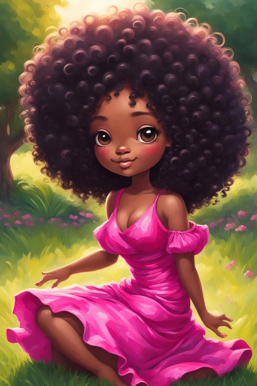 An expressive oil painting image of a chibi black cartoon of a curvaceous woman with flowing of tight curly afro of black hair that's highly detailed, wearing a hot pink maxi dress. She sits relaxed on the grass facing the warm sunlight, which illuminates her face as she looks to the side with a small smile, accentuating her prominent makeup and brown eyes. with green and hot pink roses all around