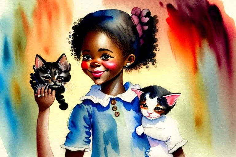 A cute smiling Afro-American girl is holding a kitten. Watercolour