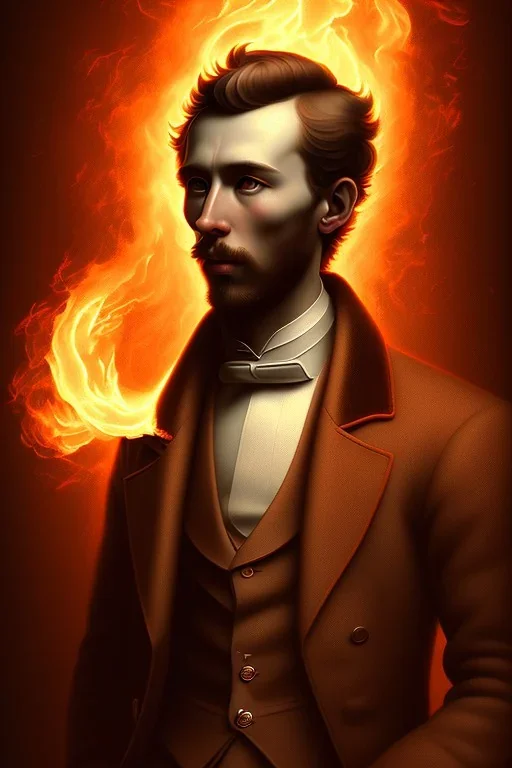 young gentleman , Fire theme art, Dark moody night atmosphere, Michelangelo, 8K, anatomically perfect face, ignore NSFW, dark red,london street