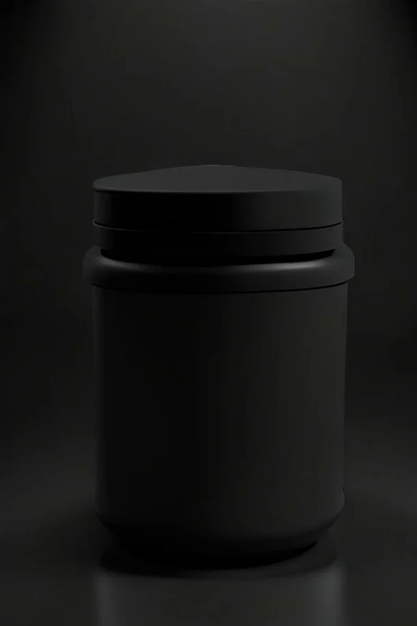 black container, plastic, realism, with screw lid, no labels, round container, view from the front, protein powder, dark studio setting, black background, large container, lid not fully screwed on