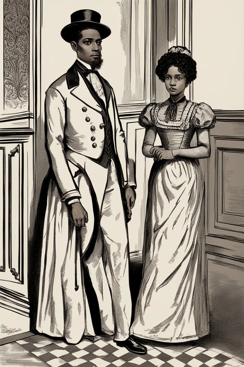 Mulatto siblings of older brother and younger sister in their thirties, dressed in sifancy mple 19th century clothing, standing in the hall of an elegant house