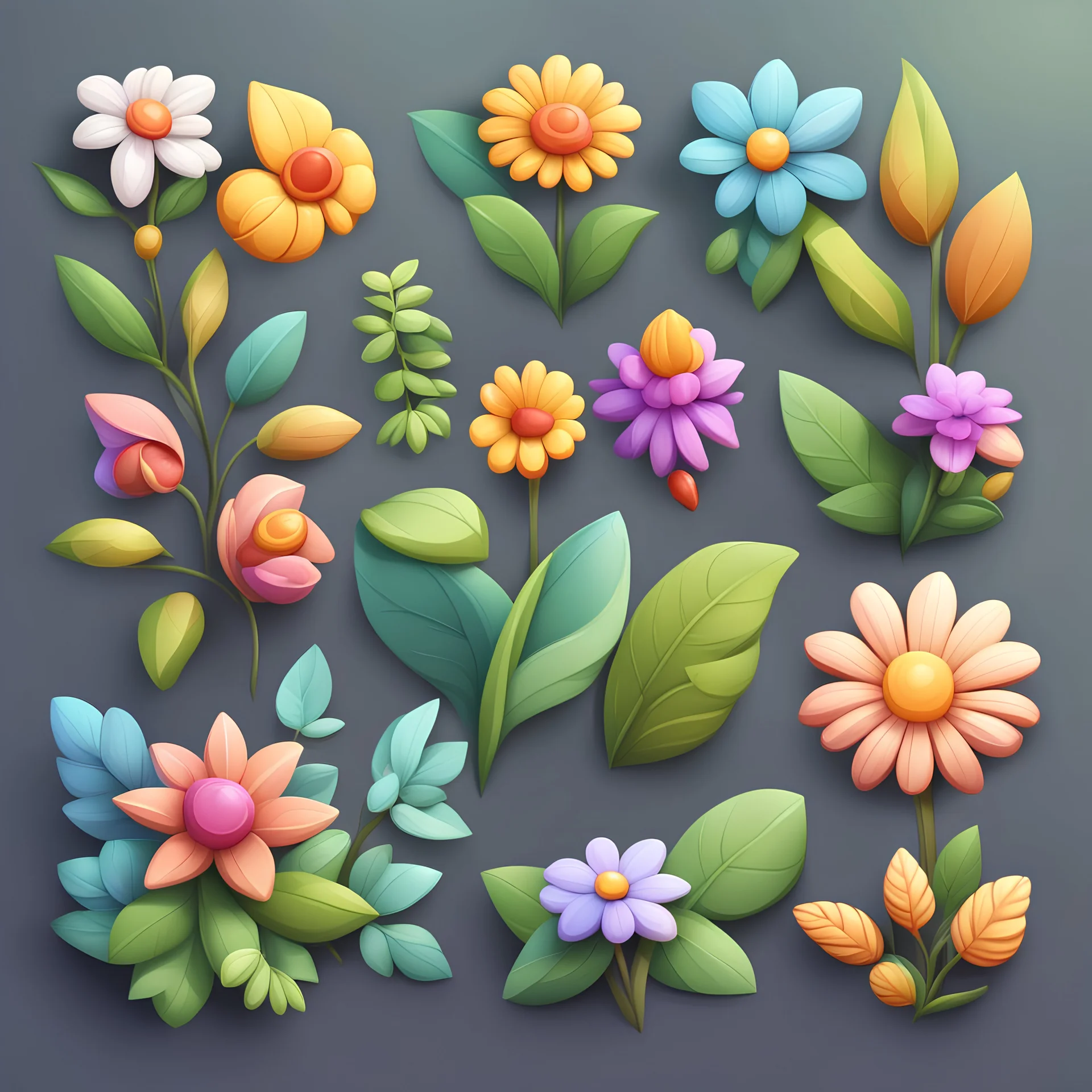 different varieties of flowers and leaves. 3D vector cartoon asset, mobile game cartoon stylized, clean and detailed.