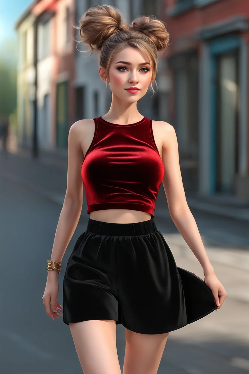 full body ,young woman with clear eyes, messy bun hair, bouncing looking back, soft velvet red/black two piece printed outfit, morning sun, cute, full body, ultra realistic, a variety of small details in the background, hyper realistic, surprised, sweet smile, 8k, HDR, 500px, by Koos Roos