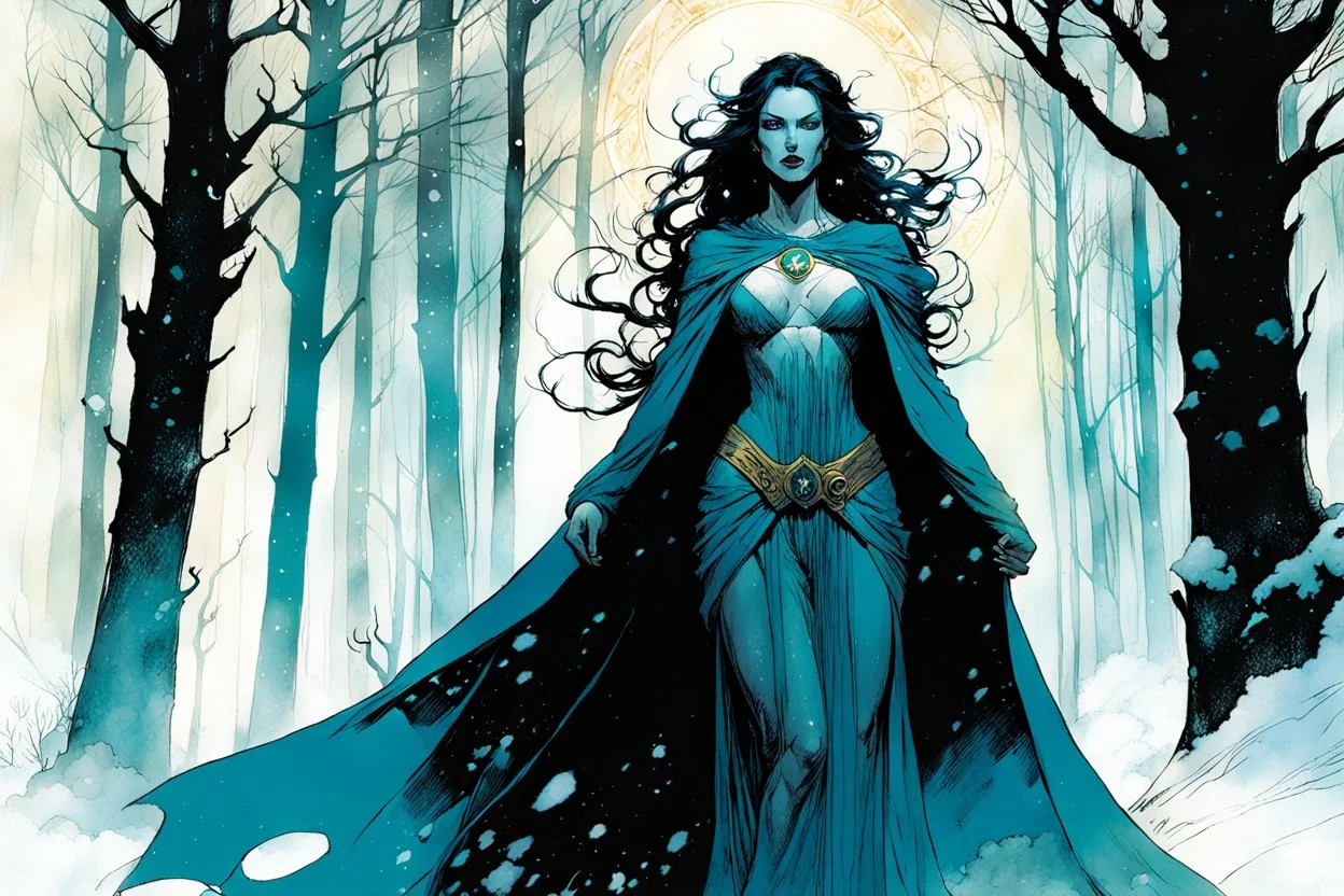 create a wildly conceptual full body portrait illustration of sorceress with highly detailed feminine facial features, in an ethereal, otherworldly , darkened, ancient winter forest , in the comic book art style of Bill Sienkiewicz, Mike Mignola, Sparth, and Jean Giraud Moebius, finely drawn, colored and inked, suffused with dramatic natural light and shadow under a midnight blue moon