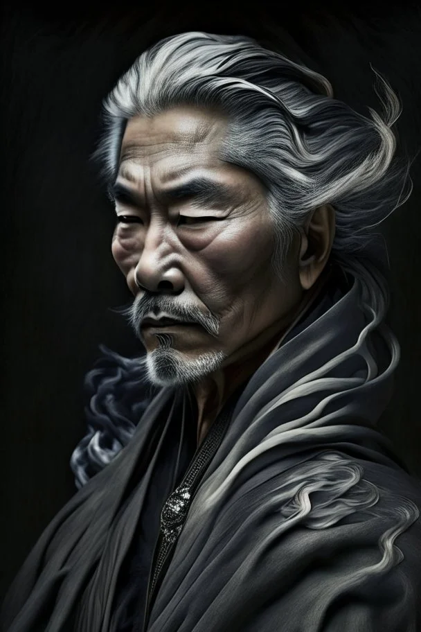 a photo of an Asian man with ethnic jewelry, grey hair and grey flowing robe, in style of Annie Leibovitz, contemporary portrait of a mature yet beautiful and modernist man, black and grey, detailed masculine face, swirling fluid smokey enigma, award-winning artwork