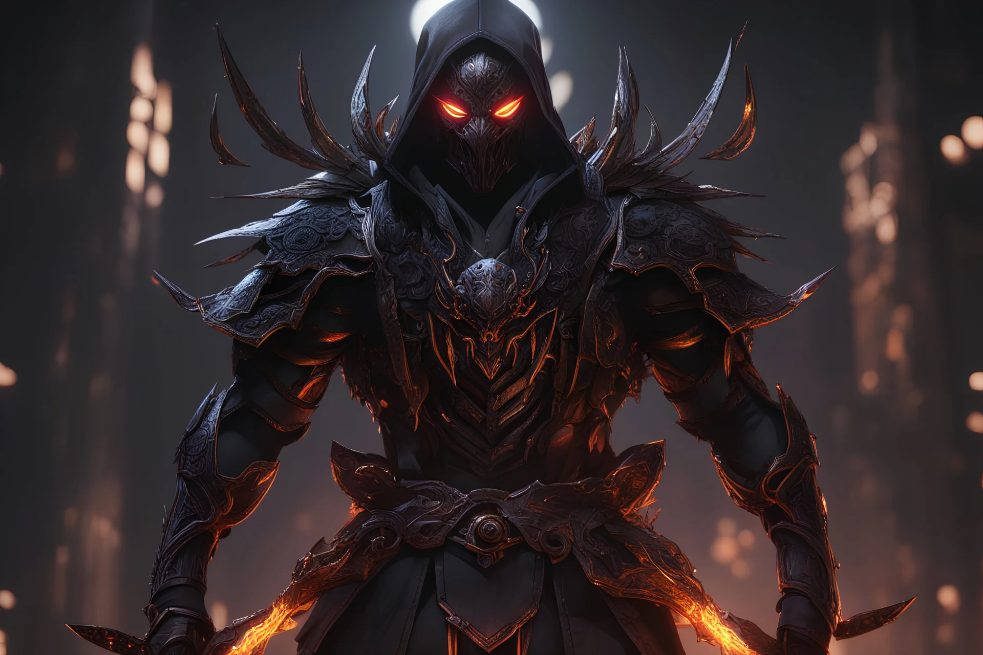 grendel in 8k solo leveling shadow artstyle, spider model, samurai them, neon effect, magic circle, full body, apocalypse, cover eyes, intricate details, highly detailed, high details, detailed portrait, masterpiece,ultra detailed, ultra quality