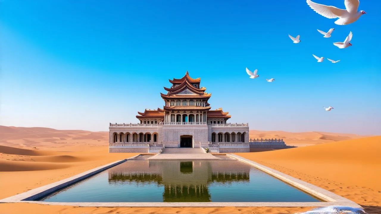 Stunning Oriental-style palace rising from an idyllic oasis, its intricate architecture reflected in the still waters, surrounded by the sweeping sands of the desert and a serene, azure sky dotted with pure white doves, veiled contrast.