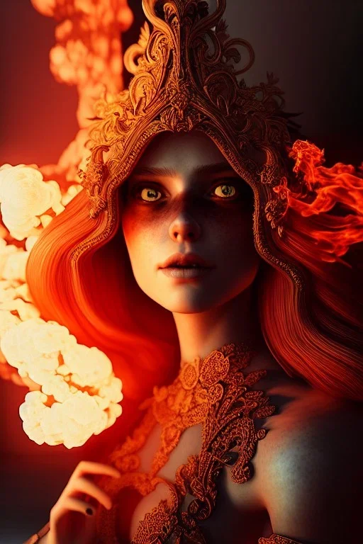 portrait of samantha prince set in fire, cinematic lighting, photorealistic, ornate, intricate, realistic, detailed, volumetric light and shadow, hyper HD, octane render, unreal engine insanely detailed and intricate, hypermaximalist, elegant, ornate, hyper-realistic, super detailed --v 4