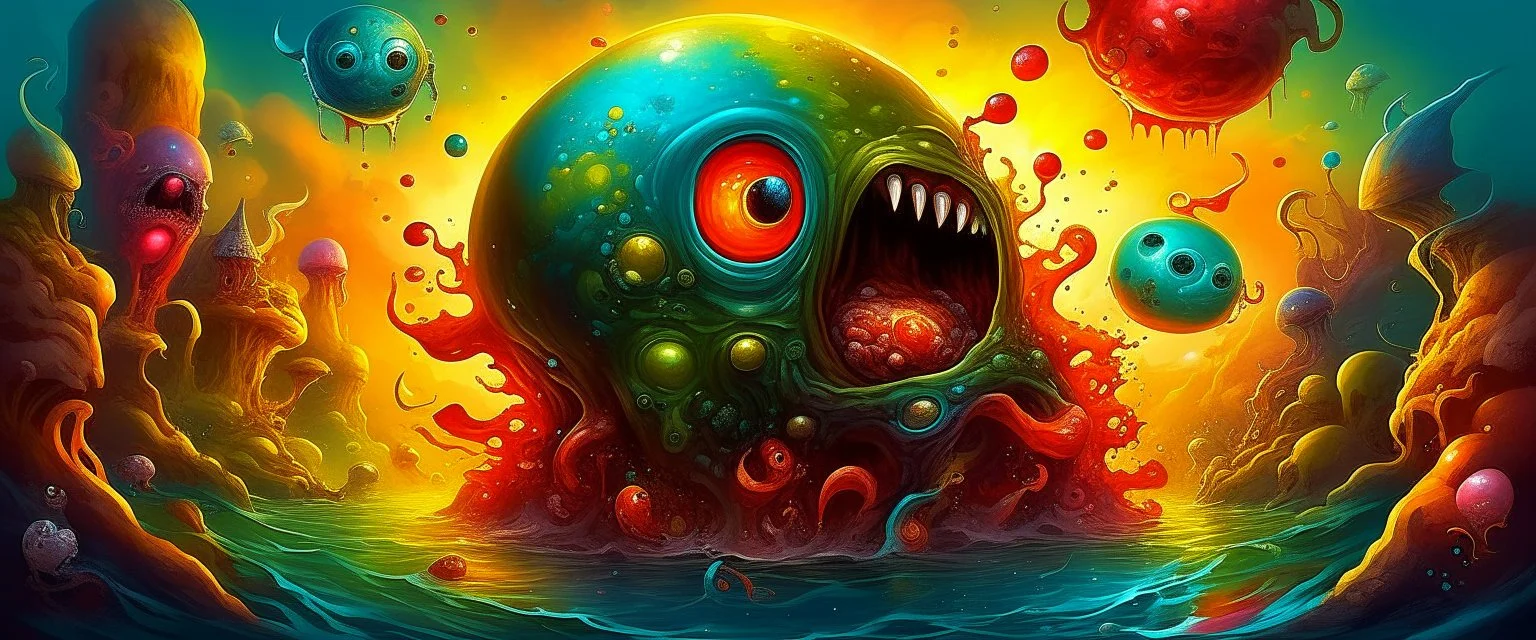 a high definition IMAGE detailing the creatures found on other worlds, retrofuturistic, phototrealism, Macabre Rapture End of days Revelation scene, isanely detailed matte oil painting, sinner apotheosis,diagonal composition, unbalanced, abstract surreal horror, eerie, scary warm a colorful splash of steampunk bubbles , amazing splashscreen artwork, photoshop water art, liquid painting, swirling paint colors, ink splash, physics splashes of colors, colorful sw