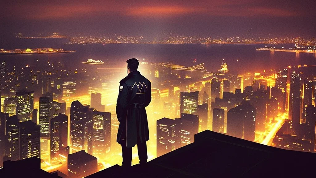 An Englishman in a bomber jacket standing at the top of a tall building looking across a city at night