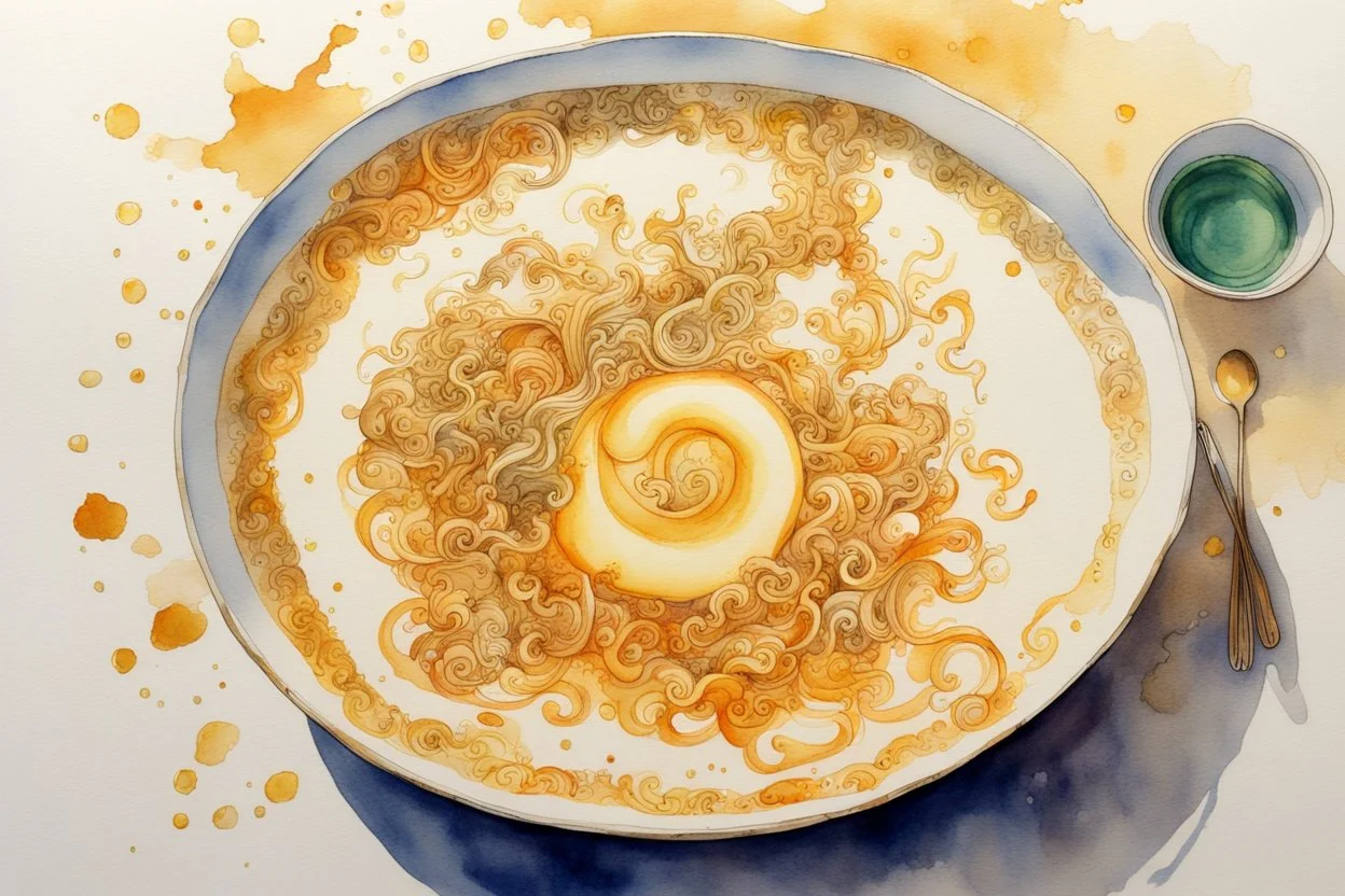 chinese curly soup, watercolor and ink, in sunshine, golden glitters