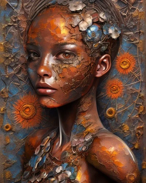 an abstract painting of rusted metal and flowers, african portrait, rust, scaffolding, iron cladding, decay, mixed media, textured, anatomically correct, beautiful perfect face, sharp focus, highly detailed