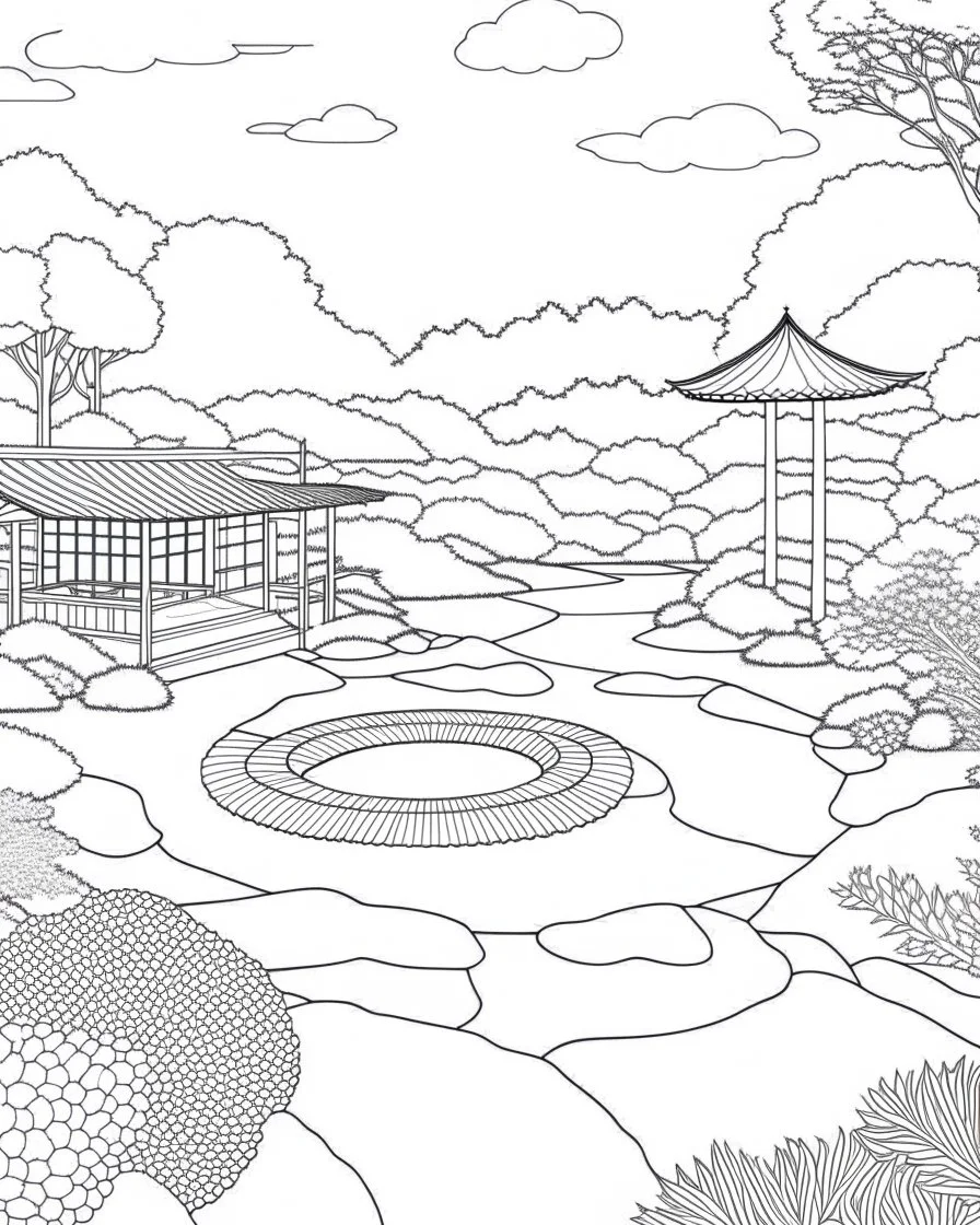 coloring pages: Zen garden design: A coloring image featuring a peaceful Zen garden scene, complete with raked patterns, stones, and bonsai trees. This image can help people immerse themselves in the art of coloring while finding solace in the tranquility of a Zen garden.