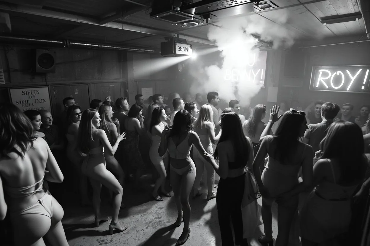 dans golv på en nedsliten sunkig techno club, många personer som dansar, yppiga lättklädda kvinnor, scen rök och ljus strobes, svartvit bild, en del personer ser in i kameran och skriker: "Benny!" och en Neon Skylt med texten "DJ ROY" på väggen