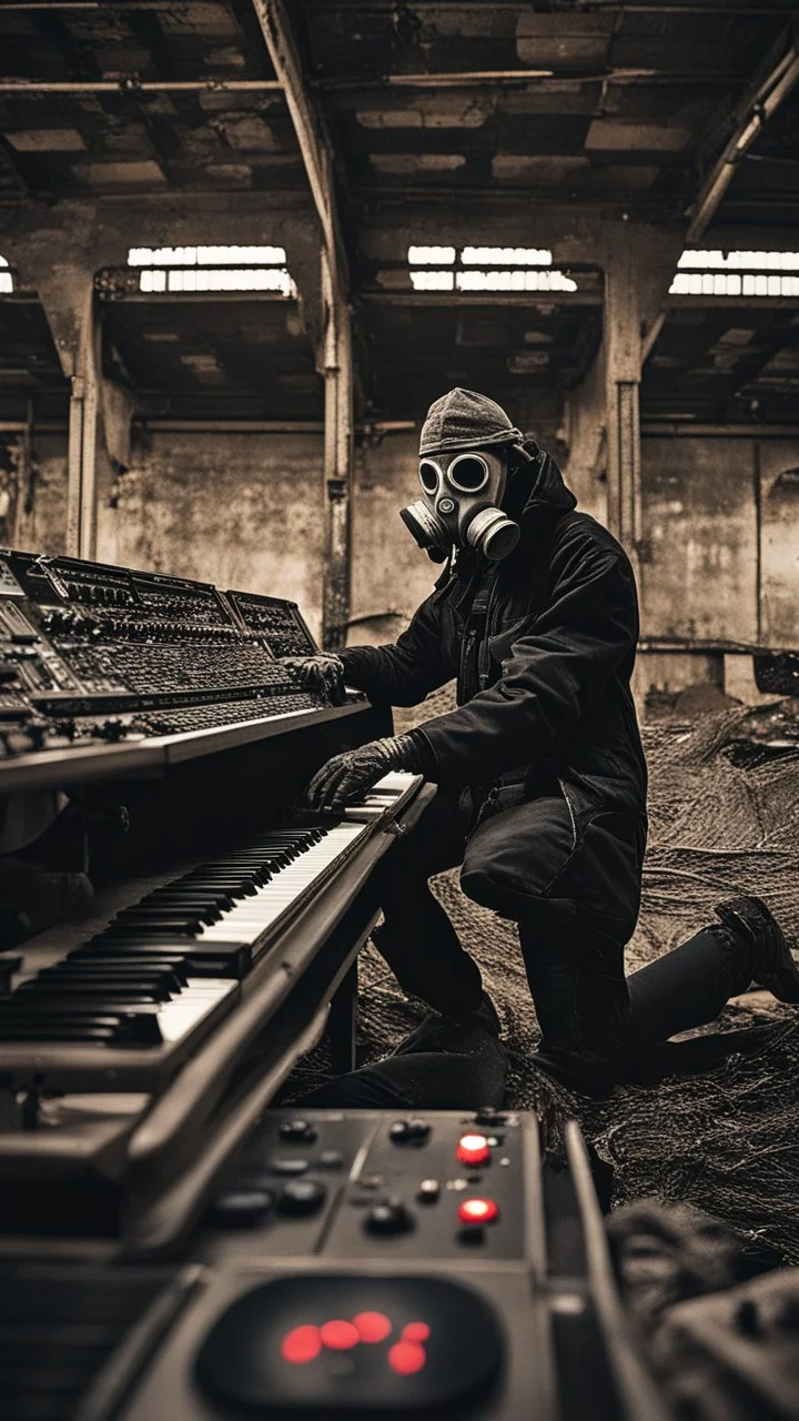 a person with a gas mask in an abandoned big massive factory, playing with a modular synth piano