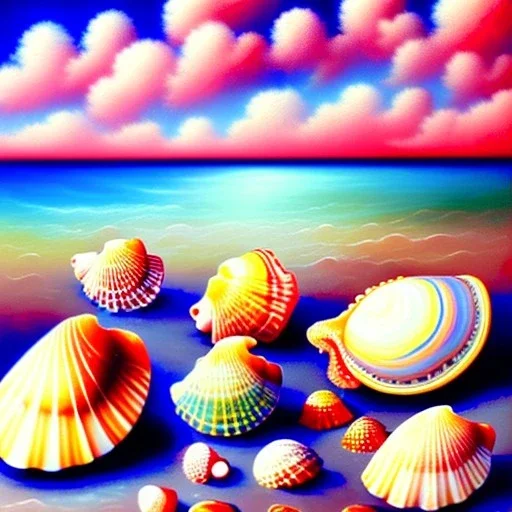 Dibujo al oleo de Conchas pintadas con nubes de colores en la orilla de la playa, con nubes de colores, barcas,cangrejos, con estilo de Van Gogh 4k