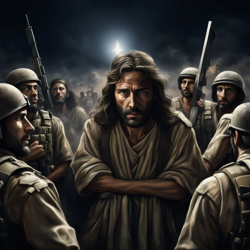 Hyper Realistic israel soldiers surrounding Jesus & angrily looking at him in dark night