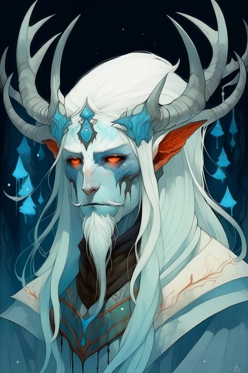 white blue hair winter cold sad frozen Eladrin Male icicle antlers beard druid