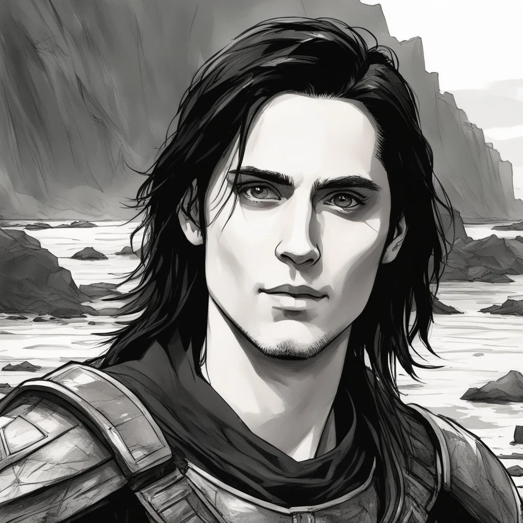 A portrait of Jared Leto in his early 30s, long beachy haircut, black hair, on a rocky island, in ebony armor from Skyrim, melancholic and dangerous facial expression, half-smiling, drawn in the style of ink manga sketch