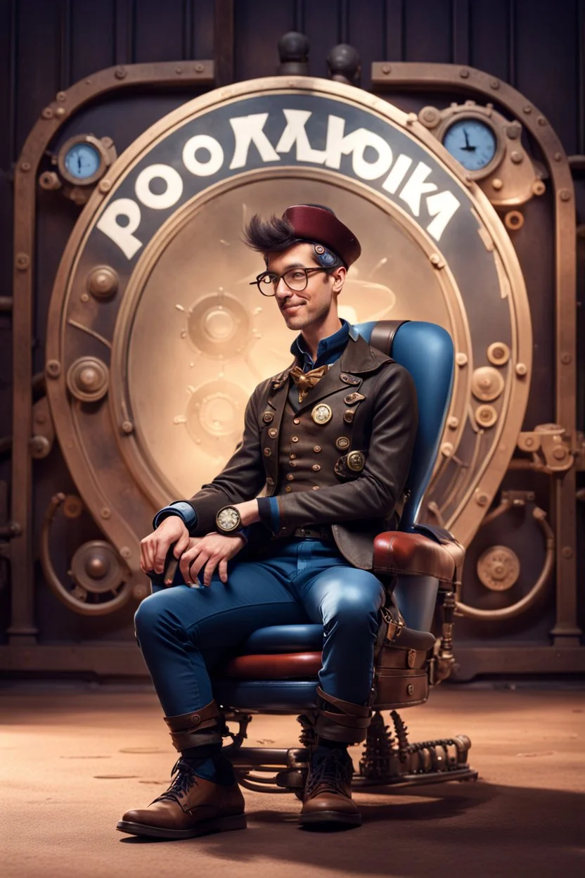 create Disny Pixar photo of a man sitting on a logo chair of a social media logo wearing Steampunk clothes. The background is mockup of profile page with a profile name and a profile picture same as character. soft reflection on the ground