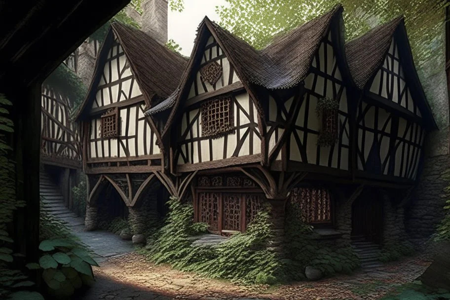 large medieval gothic, wooden inn, with a balcony, next to a cobbled road, in a wood, dense foliage, photo-realistic