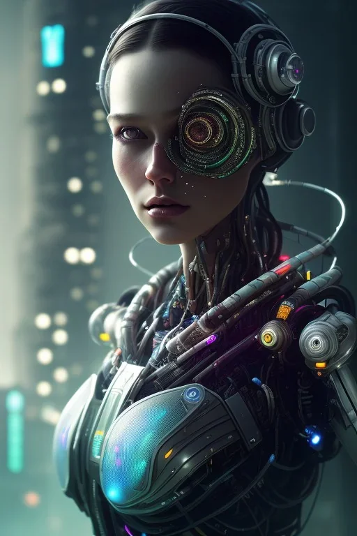 portrait,beautiful robot, post-apocalyptic in a cyberpunk city, realistic, intriacte detail, sci-fi fantasy style, volumetric lighting, particales,highly detailed,cinamatic, deep colours,8k