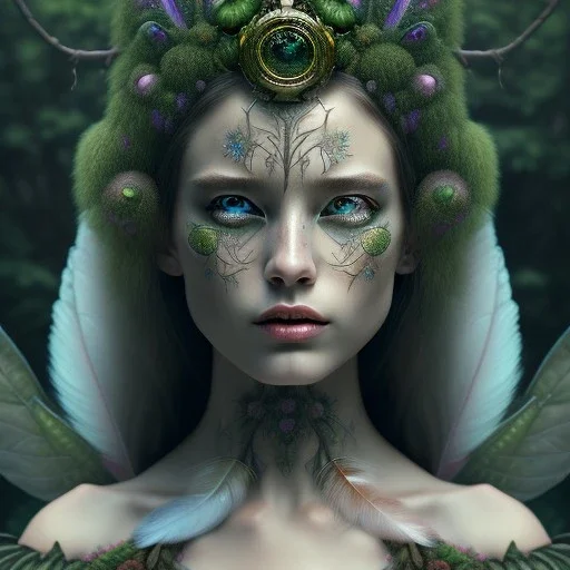 Portrait of beautiful girl, plant, metal, feathers, Dryad, fae, sidhe, ominous, nature, plants, wildflower, facepaint, dnd character portrait, intricate, oil on canvas, masterpiece, expert, insanely detailed, 4k resolution, retroanime style, cute big circular reflective eyes, cinematic smooth, intricate detail , soft smooth lighting, soft pastel colors, painted Renaissance style,bokeh, 800mm lens