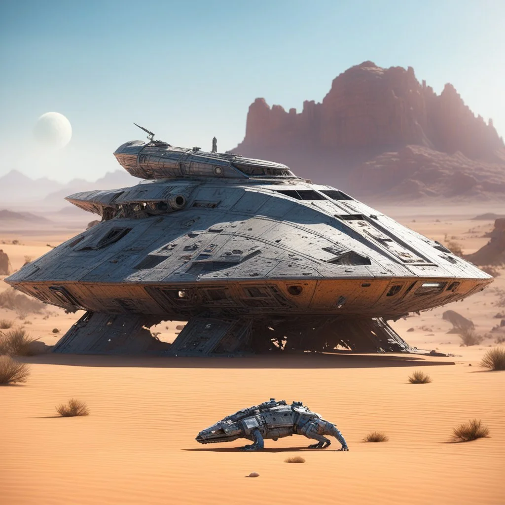A fantastic spaceship wrecked vessel in [bokeh] the desert, it is in the background like a giant mountain. And there, there is a lizard on the front. The lizard, small and seemingly insignificant against the massive wreckage, its scales glistening in the desert sun. Astronauts investigate an ancient alien craft found on a planet in the outer rim of the galaxy. Who knows what marvels and wonders await their exploration? What new technology will be added to human knowledge?