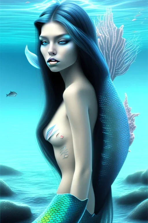 black long hair mermaid with white top in the ocean