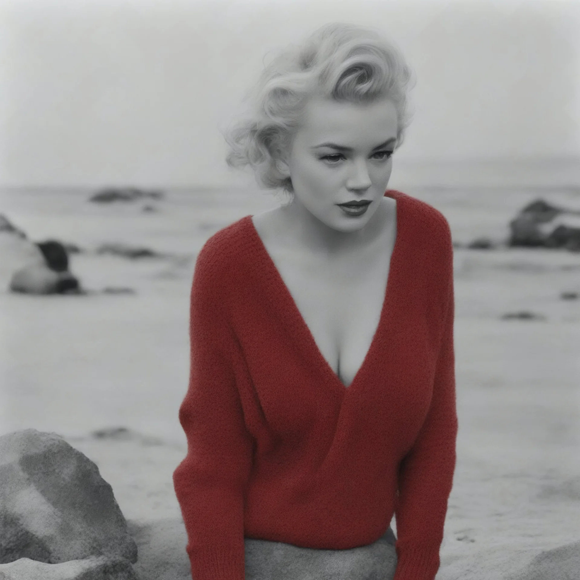 Marilyn monroe with pony tails, in a large red woollen sweater, on the beach, in the sun