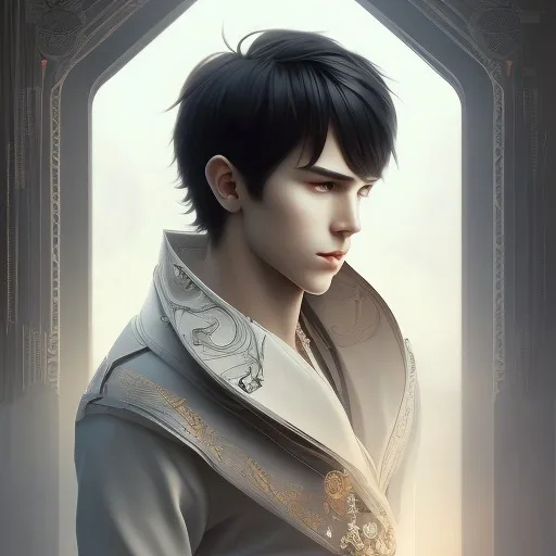 detailed anime young man, neck-length black hair, detailed bangs, intriguing details, full body, keep head in frame, 8k, concept art, highly detailed, digital painting, concept art, sharp focus, illustration, WLOP and greg rutkowski e alphonse mucha and artgerm and yanjun Chen and Junji ito and Makoto Shinkai, HDR, octane rendering