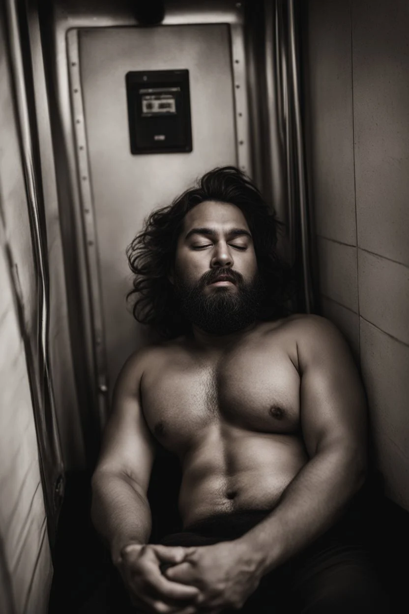 full figure photography of a gipsy man 33 year old man ugly chubby muscular bearded sleeping, open mouth, shirtless, manly chest, short beard, long hair, closed eyes, big belly, sitting in a dark elevator, dim top light, completely wet, photorealistic, ambient occlusion , view from the ground