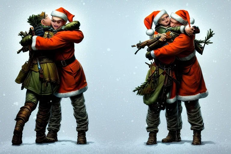 "close up on A ucrain soldier and Russian soldier hug each other in a beautiful house,Christmas tree,gift,Christmas gift, Christmas decorations,Christmas tree" 8k resolution concept art by Greg Rutkowski dynamic lighting hyperdetailed intricately detailed Splash art trending on Artstation triadic colors Unreal Engine 5 volumetric lighting Alphonse Mucha WLOP Jordan Grimmer orange and teal"