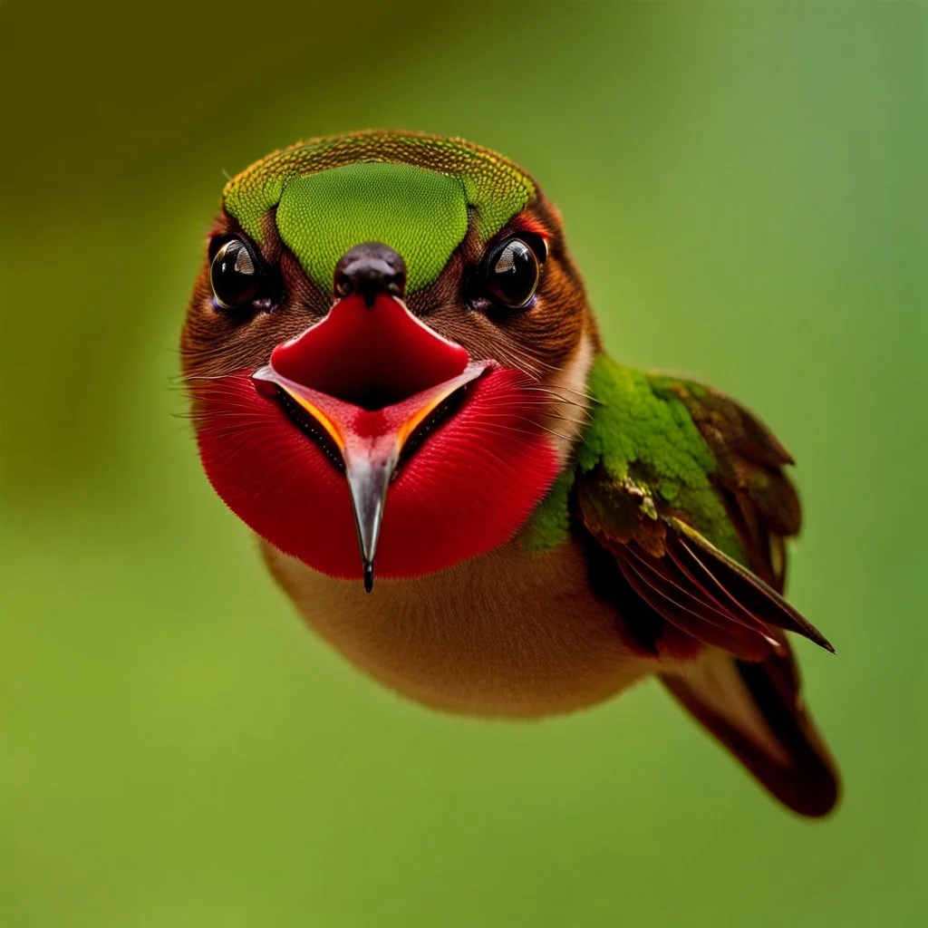 The head of a cat on the body of a hummingbird.