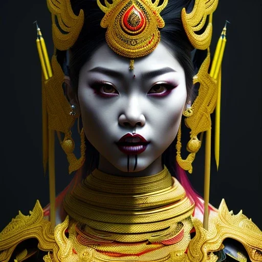 Thai woman, rounded face, blood, black, silver, green, samurai helmet, decorative color feathers, retro, bamboo, leather, soft color, highly detailed, art stations, concept art, smooth, unreal engine 5, god rays, ray tracing, RTX, lumen lighting, ultra detail, volumetric lighting, 3d, finely drawn, high definition, high resolution.