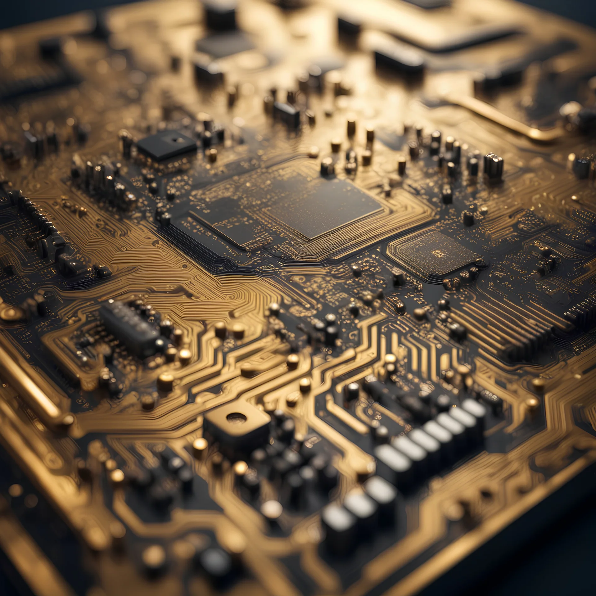 Hyper Realistic Grungy-Golden-Circuit-Board with a proper depth-of-field