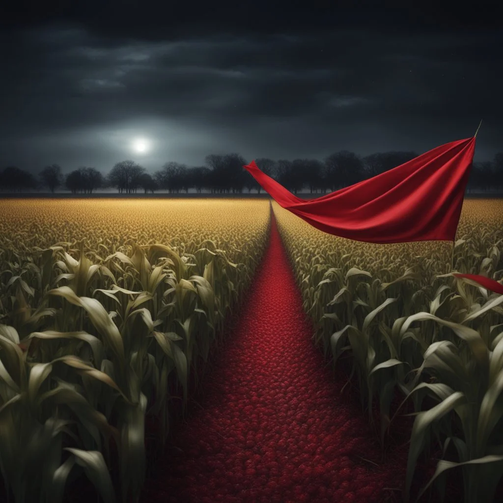 Hyper Realistic Corn Field With Red Cloth Flying at night