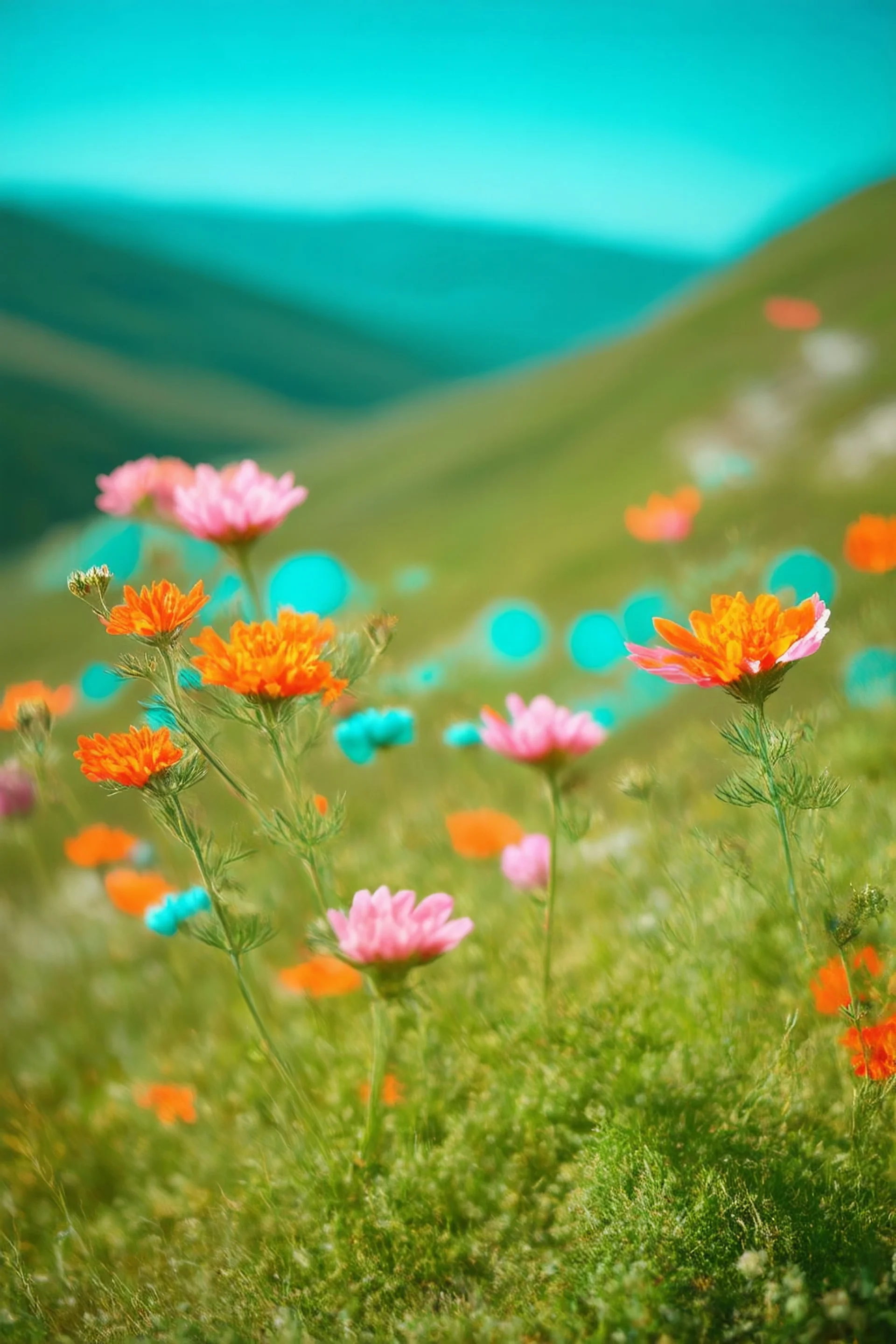 Old autochrome with bokeh patches, in the mountain,, wild delicate flowers in the wind, orange, pink, turquoise, green, sunny day, delicate, bokeh