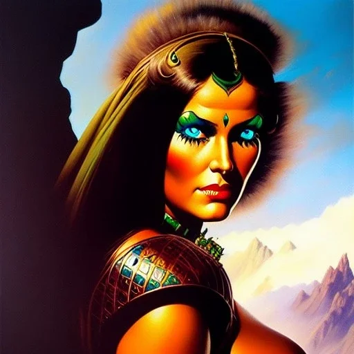 portrait oil on canvas, beautiful busty female Barbarian Warrior,green eyes, ,minimal armor,comic book cover, mystical colors,insanely detailed,realistic,intrincate detail, 16k resolution, masterpiece,Frank Frazetta,Alex Horley, Simon Bisley