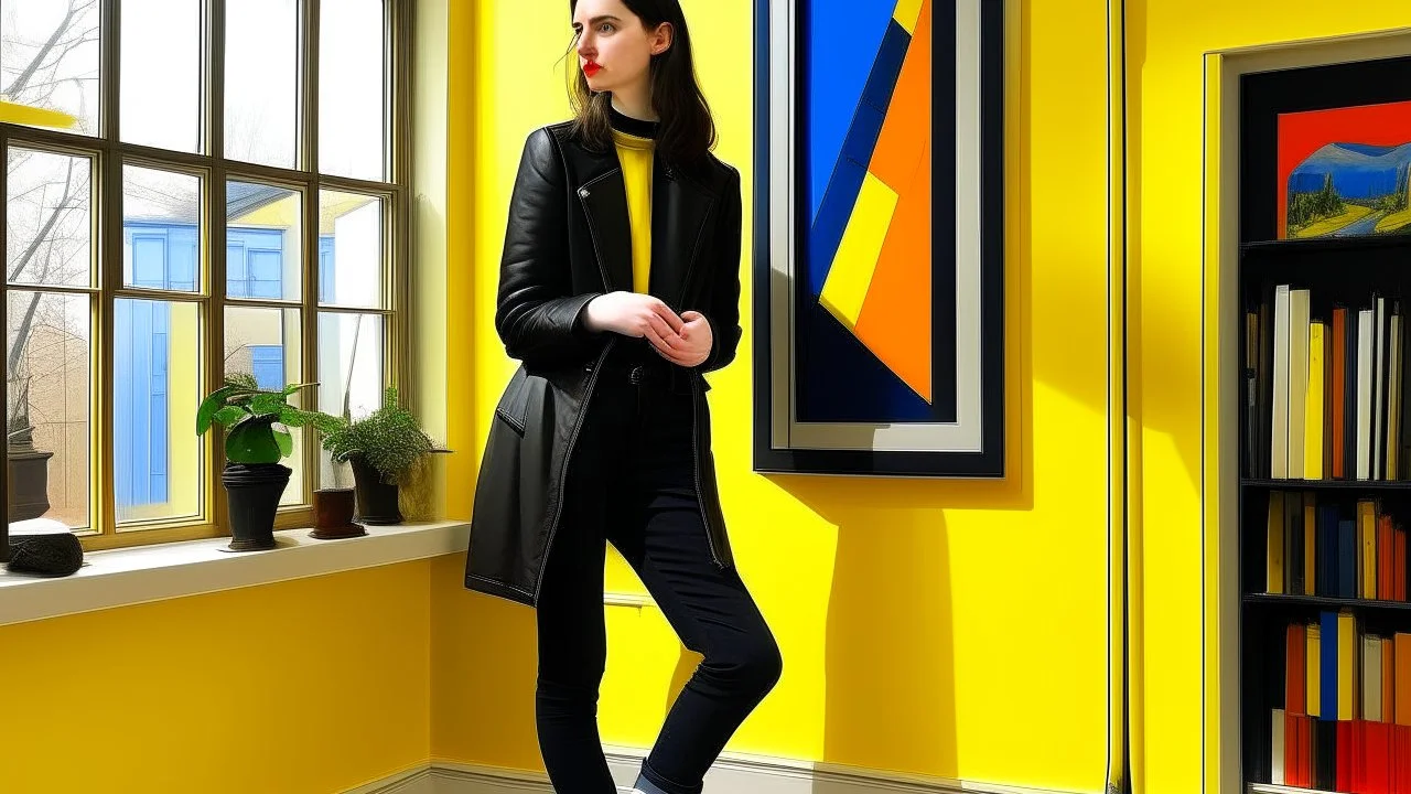A medium shot of a room with yellow walls and floor, and a wall with a Mondrian-style painting. A young, fair-skinned woman with dark hair pulled back is standing near a window, pointing outside. She is wearing a black blazer, a white shirt, light-colored jeans, and black boots. The window has a black frame and two shelves. Outside the window, there are trees and a blue sky. The room is lit by natural light coming through the window and artificial light from the painting. The style is reminiscen
