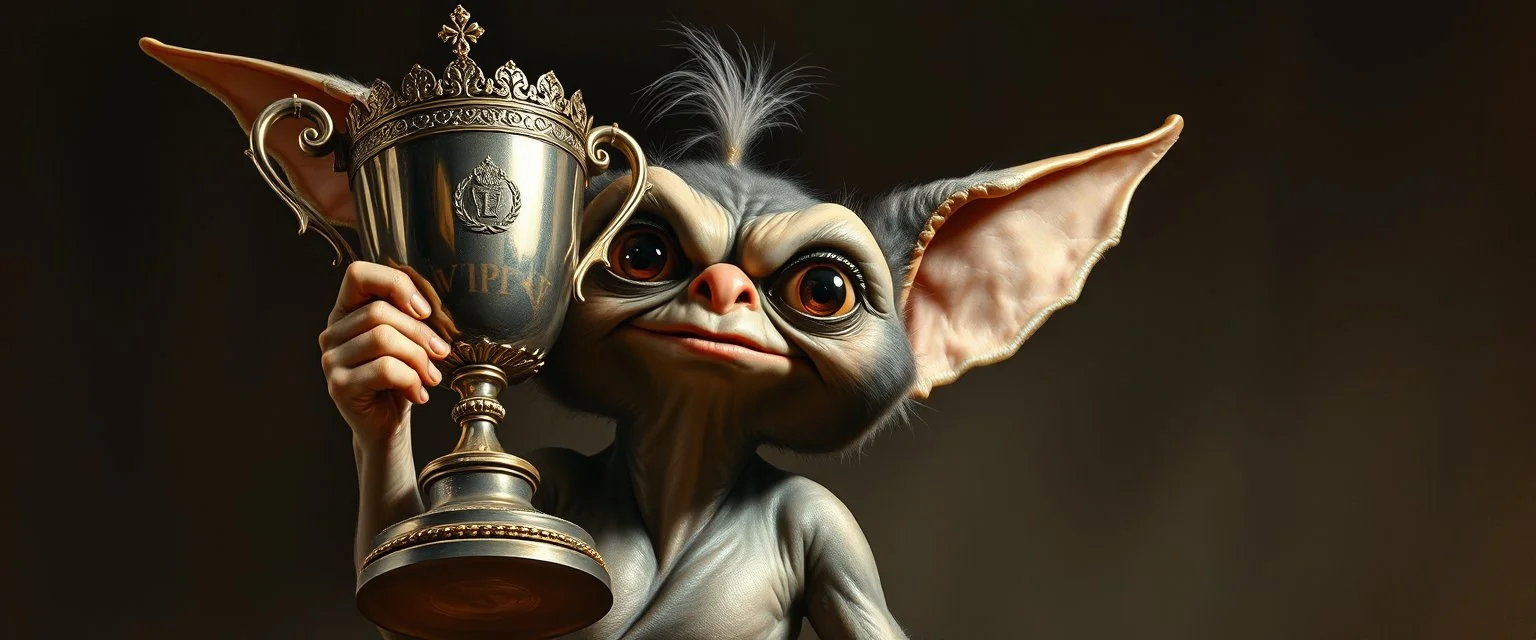 gremlin guy holding up the most retarded trophy, painted by Rembrandt