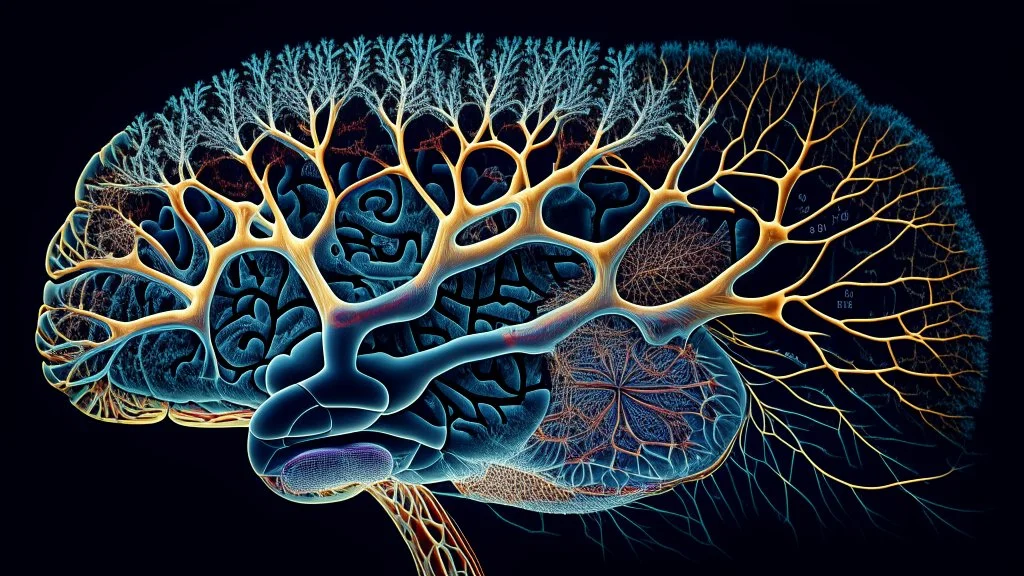 "The image represents microscopic details of the human brain, displaying intricate nerve structures and neural transmissions. The picturesque image reflects the complexity and beauty of neural structures in the brain, indicating recent advancements in the field of neuroscience and the significant discoveries it represents."