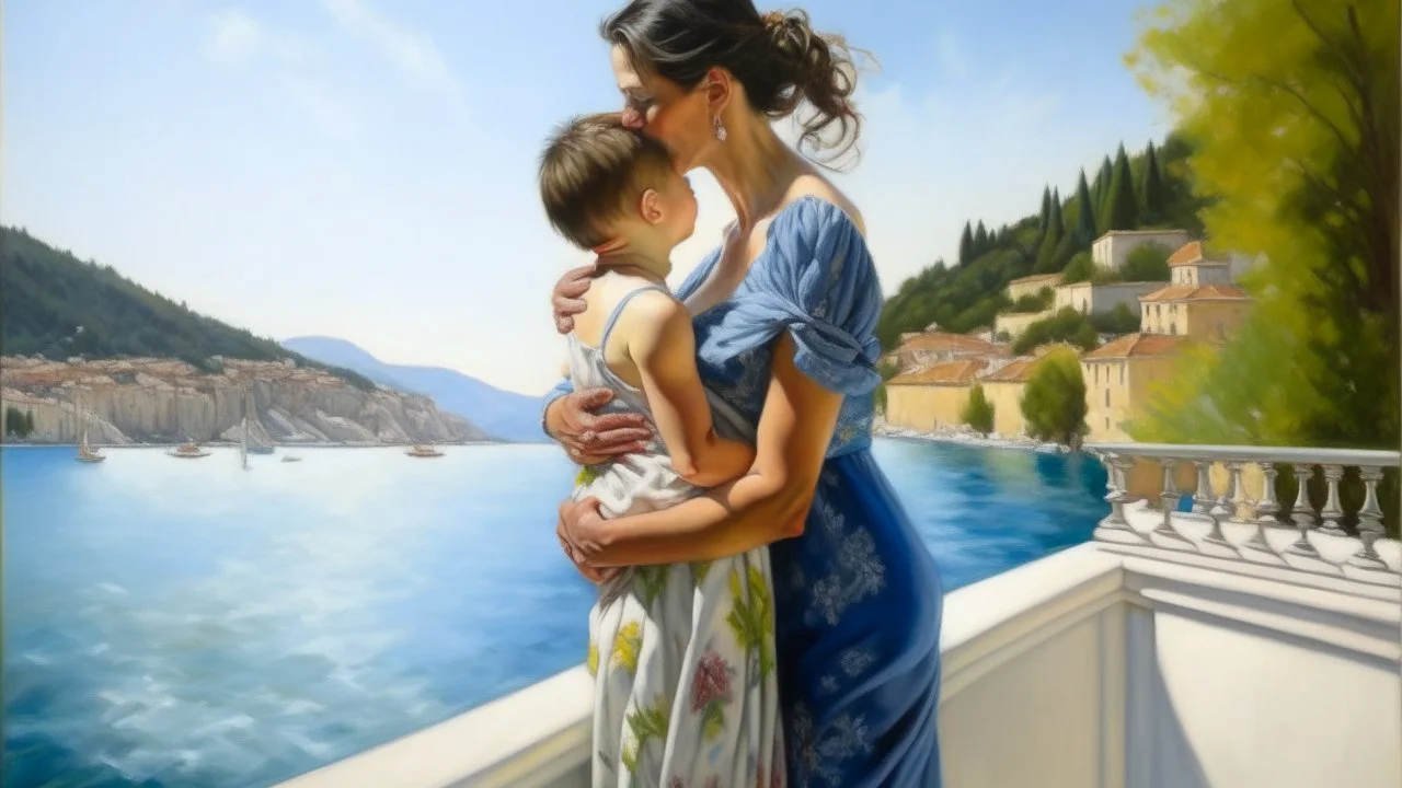 Neoclassicism mother giving child a kiss whole body zoom out realistic cote d'azur painting from the back