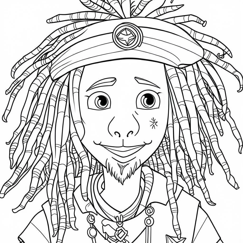 Coloring page for toodlers, with a cute rastaman, very Bold outlines and white background, anime style, minimal number of elements, very simple