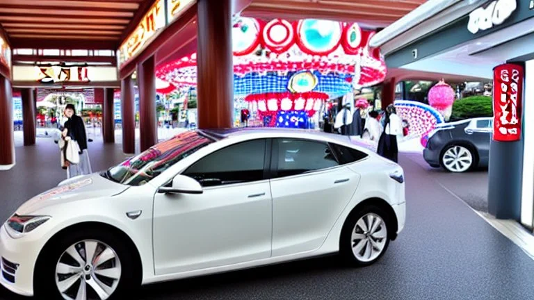 A Tesla's 'Model S Plaid' is parked, at 'Nagashima Spa Land', in Kuwana, in Japan. CINEMATIC. WIDE ANGLE LENS.