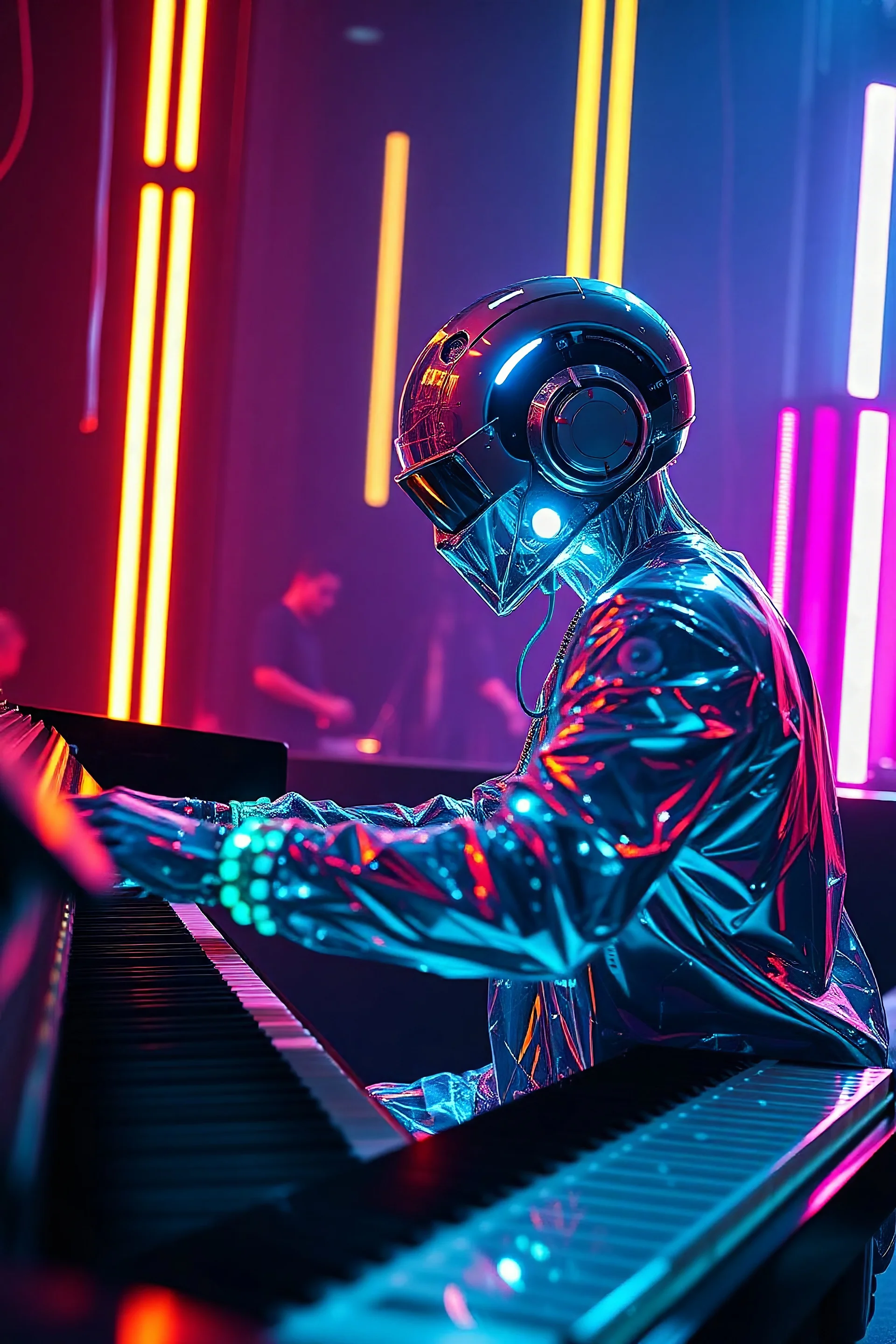 A piano player with glassy shining with neon lights reflecting in their cybernetic enhancements. Background