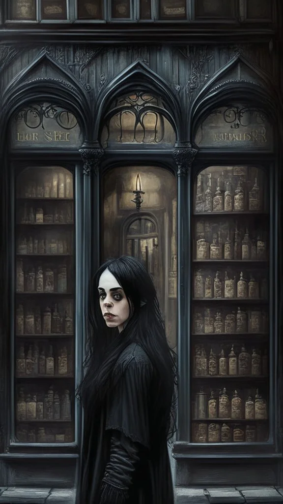 gothic shop front with dark haired woman looking in