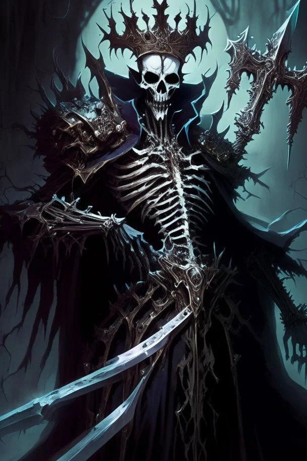 a demonic looking man with a sword in his hand, undead skeleton king, skeleton king, overlord season 4, ainz ooal gown, prince crown of black gears, the king of death, king of time reaper, overlord, lich vecna (d&d), dark and forboding, from overlord, scary knight, large black smile Overlord